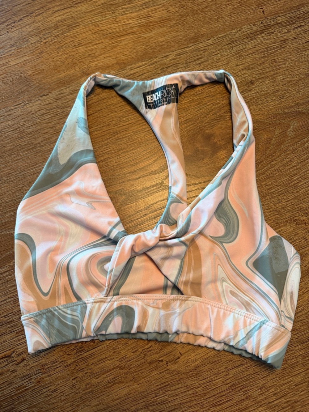 Beach Riot Marble Halter Sports Bra Pink and Sage Green